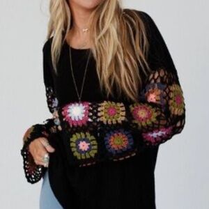 three birds nest s Black Sweater with Colorful Crochet Sleeves
